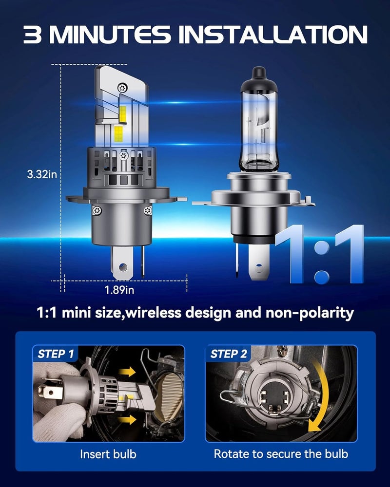 Laxmas H4 LED Bulbs, 32000LM Brightness 6500K Cool White H4/9003/HB2 LED Light, 9003/HB2 Lights with 15000RPM Cooling Fan, Real 1:1 Halogen Size Lights, Plug-N-Play, Pack of 2 - Image 3
